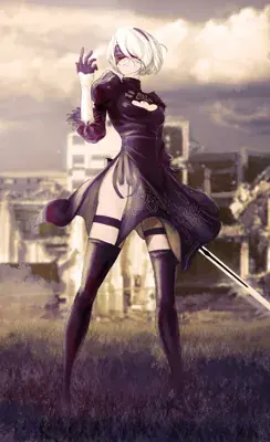 Digital illustration of 2B from NieR: Automata standing confidently in a ruined city, holding a sword.