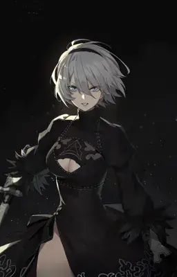 A digital art portrait of 2B from NieR: Automata without her blindfold, wearing a black dress and standing against a dark, atmospheric background.