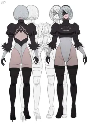 Illustration of 2B from NieR:Automata, showing front and back views of her outfit.