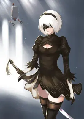 Digital art of 2B from NieR Automata standing with her sword and Pod under bright spotlights.