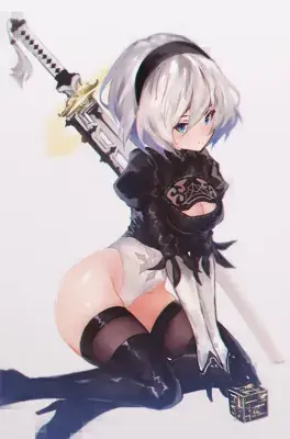 Digital drawing of 2B from NieR: Automata sitting down without her blindfold, showing her blue eyes. She has short white hair and wears a black and white outfit with a sword on her back.