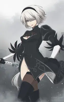 A high-quality digital drawing of 2B from NieR: Automata standing without her blindfold in a foggy urban ruin.