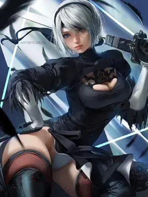 Digital art of 2B from NieR: Automata in her black dress, holding a sword over her shoulder with a low-angle perspective and floating feathers.