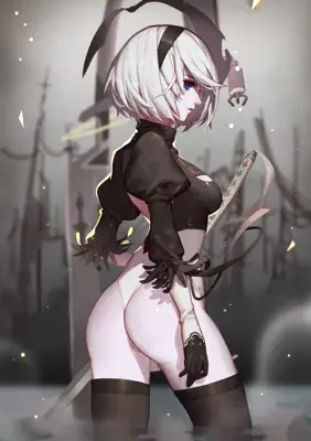 A digital painting of 2B from NieR: Automata looking over her shoulder without her blindfold in a post-apocalyptic industrial setting.