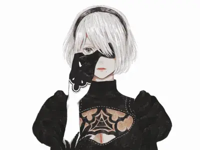 A digital painting of 2B from NieR:Automata lifting her black blindfold to reveal one eye, wearing her signature black dress and headband against a plain white background.