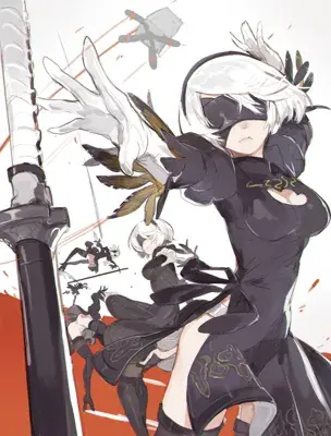 A stylized digital illustration of the character 2B from NieR: Automata in multiple combat poses. The main figure in the foreground reaches out energetically, wearing her signature black dress and white gloves, with a large sword hilt visible to the left.