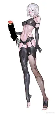Illustration of 2B from NieR:Automata in her black outfit with a mushroom-like machine attached to her arm.