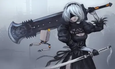 Digital artwork of 2B from NieR:Automata holding a giant sword over her shoulder in a misty, ruined environment.