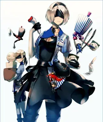 Illustration of 2B from NieR:Automata surrounded by machine lifeforms.