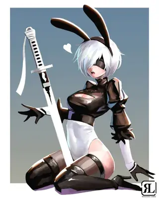 Illustration of 2B from NieR:Automata kneeling with a katana and wearing rabbit ears.