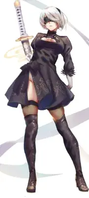 Full-body digital illustration of NieR: Automata's 2B standing in her black combat dress and blindfold, holding a katana sword dramatically over her shoulder. The background is white.