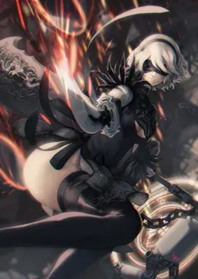 A dramatic digital illustration of 2B from NieR:Automata in a dynamic action pose, swinging a large sword with glowing orange sparks in a dark industrial environment.