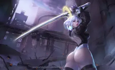 A digital painting of NieR: Automata's 2B holding her sword overhead, standing in a ruined industrial landscape.