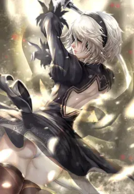 A 3D render of 2B from NieR: Automata in a dramatic pose, wielding a sword, with a bright, glowing background.