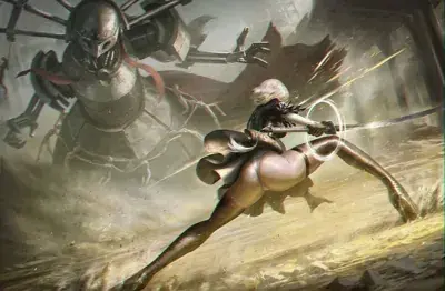 Dynamic digital illustration of 2B from NieR: Automata lunging with a sword towards a giant mechanical boss in a ruined, industrial setting.