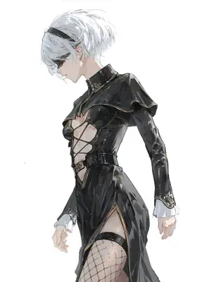 A digital illustration of the NieR: Automata character 2B, depicted with white hair and a blindfold, wearing her black combat dress with a lace-up bodice and a high slit.