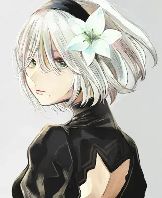 Illustration of NieR:Automata's 2B with white hair, a lily in her hair, and wearing her black combat dress, looking over her shoulder with green eyes.