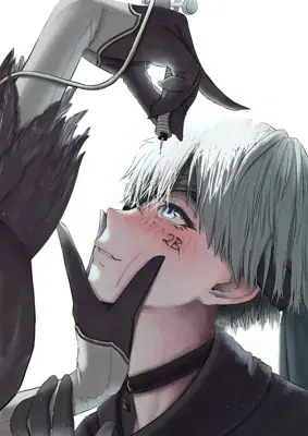 Close-up illustration of a white-haired character receiving a '2B' tattoo on their cheek.