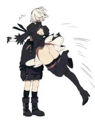 Digital art of 2B from NieR: Automata in a dynamic kick pose, her black dress dramatically lifted to reveal white undergarments and backside, while a dazed 9S is seen behind her.