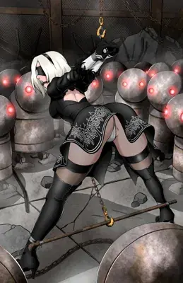 2B from NieR:Automata is chained and bound by her wrists above her head, surrounded by numerous machines with glowing red eyes in a dark, industrial setting.