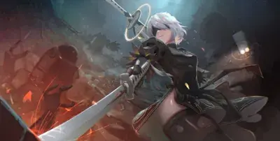A high-quality digital painting of 2B from NieR:Automata swinging a sword in a ruined, dark industrial setting with destroyed machines and orange sparks.