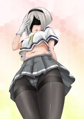 Anime artwork of 2B from NieR: Automata in a school uniform, with her hand on her forehead and a surprised expression, viewed from a low angle.