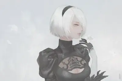 A digital painting of 2B from NieR:Automata holding a white flower, with a contemplative expression and her iconic black combat dress.