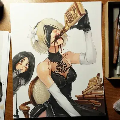 Illustration of 2B from NieR:Automata drinking from a bottle with Pocky snacks nearby.