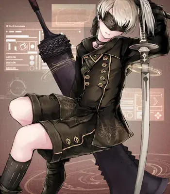 Digital art of 9S from NieR: Automata sitting on a large sword with digital HUD elements in the background.