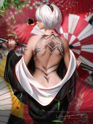 Digital art of 9S from NieR:Automata with a detailed back tattoo.