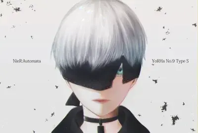 Close-up digital portrait of 9S from NieR:Automata with white hair and a partially lifted black blindfold revealing one eye.