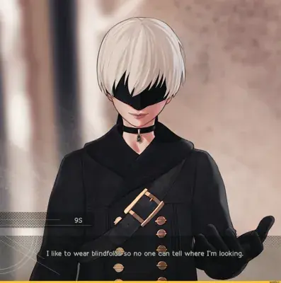 Illustration of 9S from NieR:Automata wearing his blindfold and black uniform.