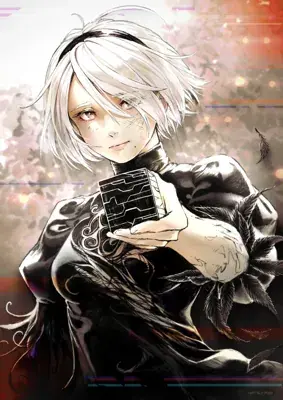 Digital art of 9S from NieR:Automata holding a black cube, with a melancholic expression.