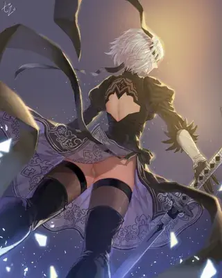 Digital illustration of 9S from NieR:Automata in a dynamic pose with his sword.