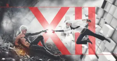 Cosplay of 9S and A2 from NieR:Automata in a dramatic pose.