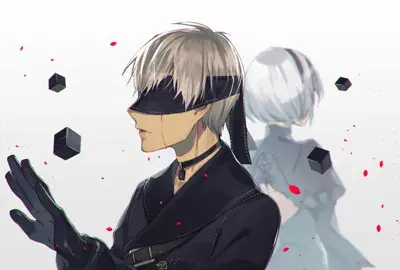 Digital art of NieR: Automata characters 9S and 2B. 9S is in the foreground with blood running from his blindfold, while a blurred 2B stands in the background facing away.