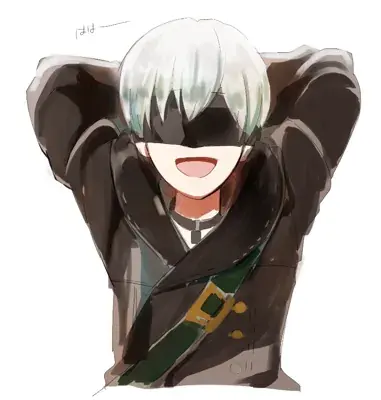 9S from Nier Automata laughing with hands behind his head - digital artwork showing android scanner character