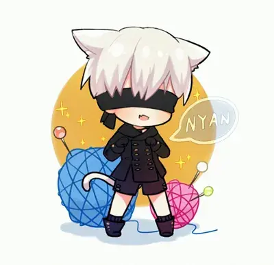 9S from Nier Automata chibi artwork showing android warrior in cat-themed outfit