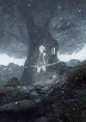 9S from Nier Automata in a forest setting - digital artwork showing android warrior in signature outfit