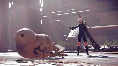 9S from Nier Automata standing near a rusted machine - digital artwork showing android warrior in signature outfit