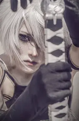 9S from Nier Automata intense cosplay portrait - digital artwork showing android warrior in signature outfit