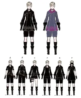 9S from Nier Automata outfit design variations - digital artwork showing android warrior in various tactical configurations
