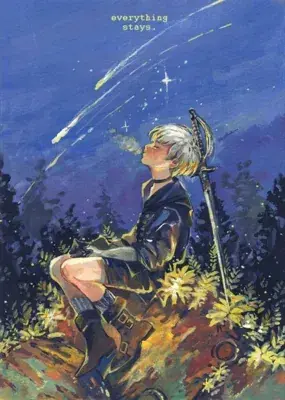 9S from Nier Automata sitting in a forest at night - digital artwork showing android warrior in signature outfit