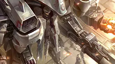 9S from Nier Automata piloting a massive mechanical flight unit - digital artwork showing android warrior in signature outfit