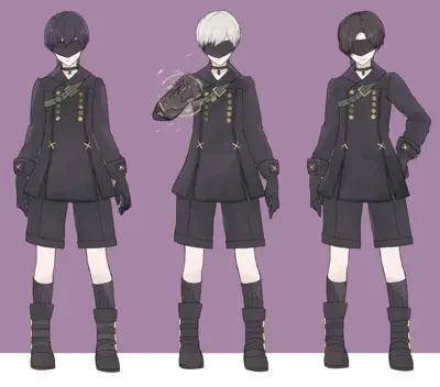 9S from Nier Automata triple pose character sheet - digital artwork showing android warrior in signature outfit