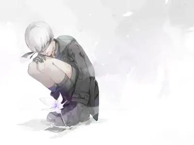 Digital art of 9S from NieR:Automata crouching in a white void to look at a small purple flower.