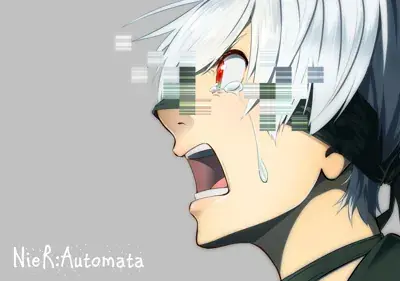 A digital illustration of 2B from NieR: Automata, showing a close-up profile with a blindfold and glitch effects on her face.