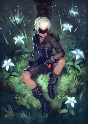 Digital art of 9S from NieR:Automata sitting in a dark forest surrounded by glowing white flowers.