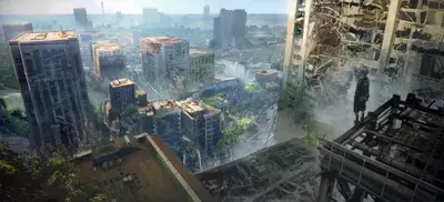 9S from Nier Automata standing on a high platform overlooking a ruined city - digital artwork showing android character in signature outfit