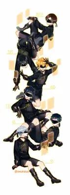 Digital artwork showing various 9S Scanner android models from Nier Automata in signature YoRHa uniforms